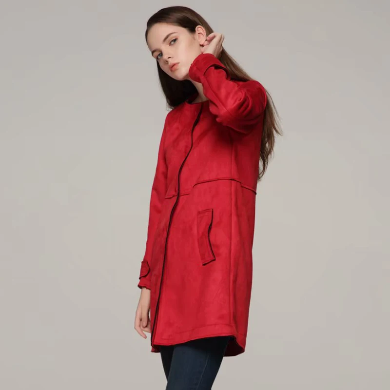 2019 модные красные женские замшевые пальто для девочек узкий длинный плащ Дамская