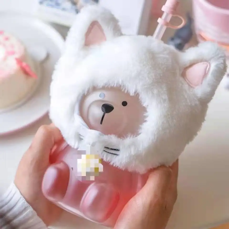 

500ml cute cherry blossom cat headdress cat paw bear pink glass with straw double wall cup coffee juice travel christmas gift