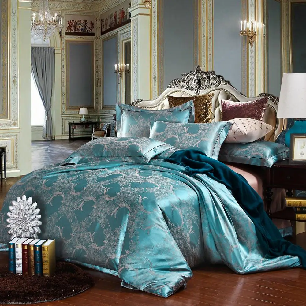 

2020 Spring Jacquard Bedding Set Luxury Stain Bed Set Blue Flower Bed Cover Sheet 4pcs/set Queen King Duvet Set Cover Home Linen