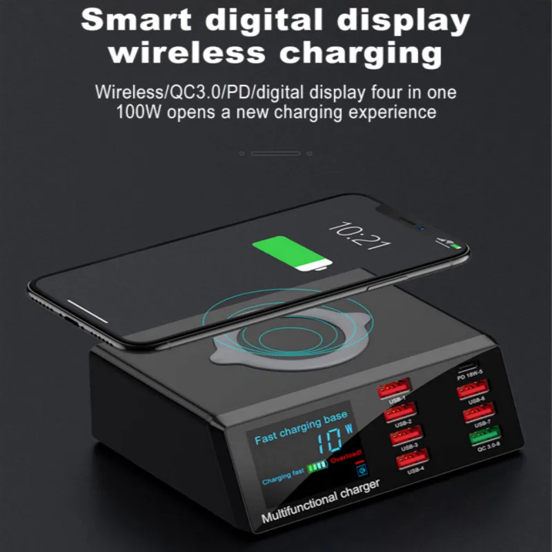 

Multi-function Mobile Phone Fast Charger QC3.0 Multi-port USB Digital Display Voltage And Current PD/18W Flash Wireless Charging