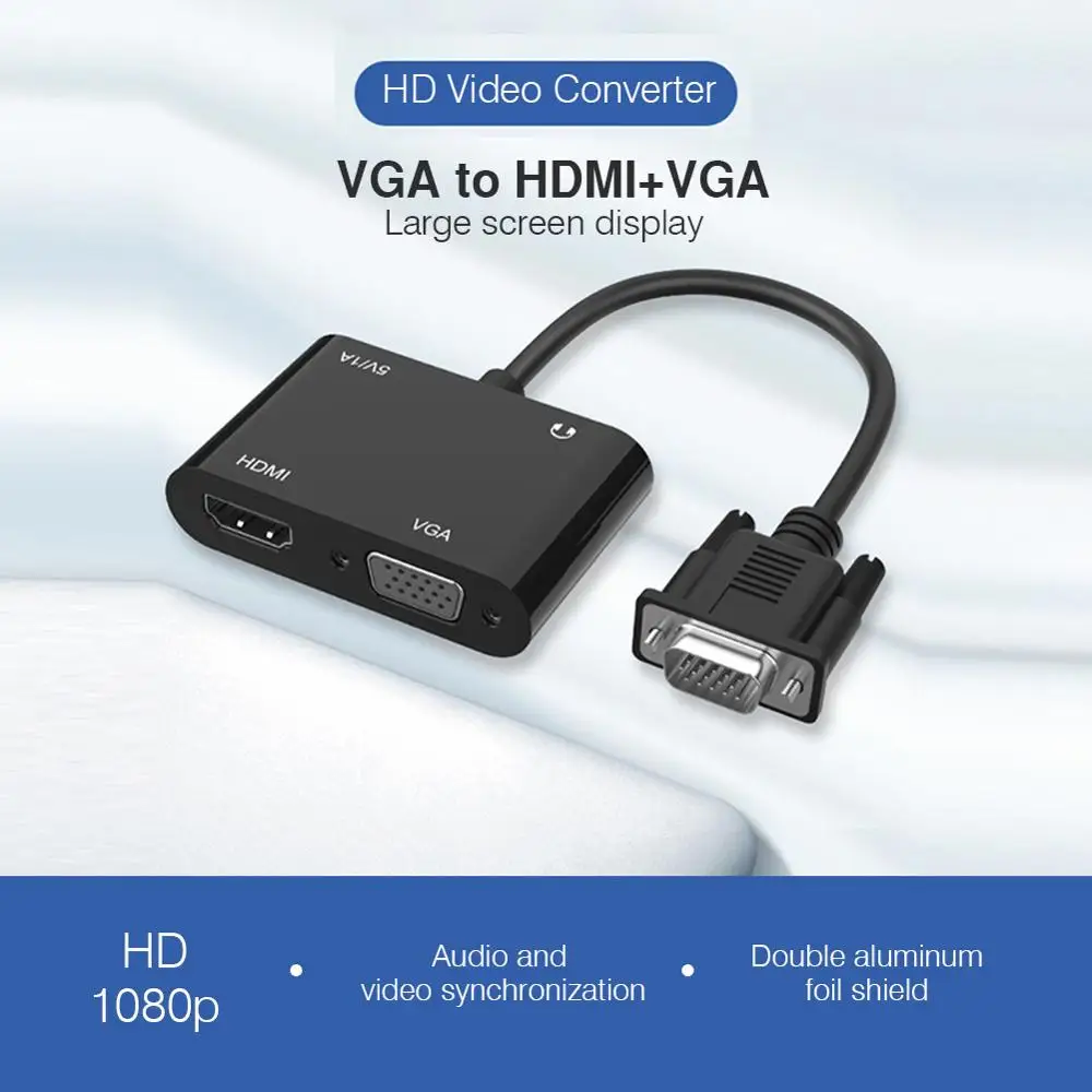 

VGA to VGA+HDMI-compatible Adapter 1080P Dual-Monitor Audio/Video Converter VGA Splitter for PC, Notebook, Projector