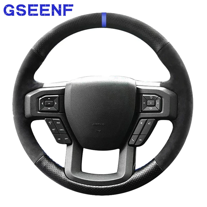 

For Ford F150 F-150 2015 2016 2017 2018 2019 2020 Hand-stitched Car Steering Wheel Cover Black Suede Artificial Leather Marker