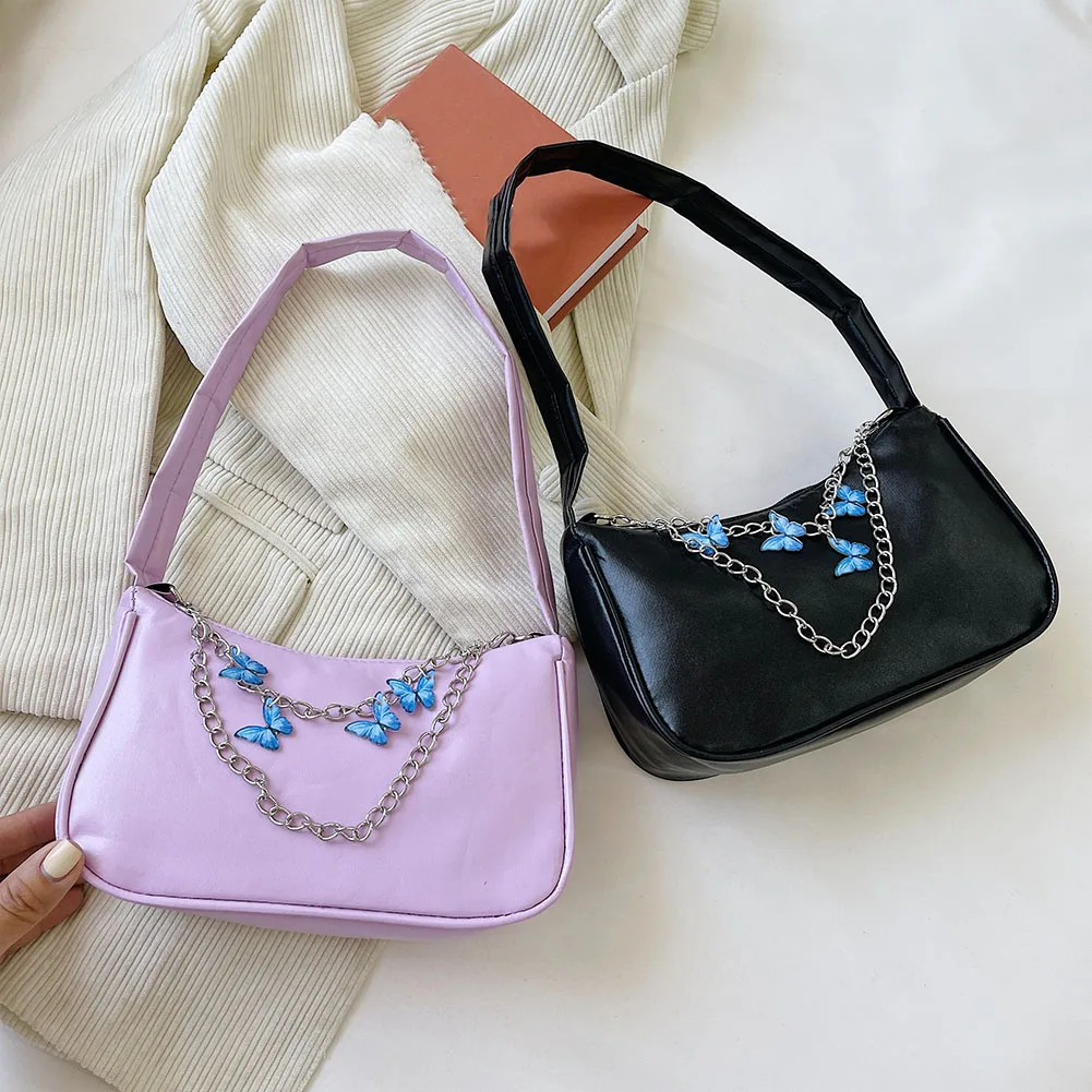 

Retro Women Butterfly Chain PU Underarm Bag Casual Pure Color Small Handbag Vintage Casual Solid Color Small Handbag Purse