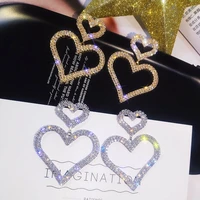 oversized double heart shining crystal drop earrings for women bijoux gold color geometric dangle earrings fashion party jewelry