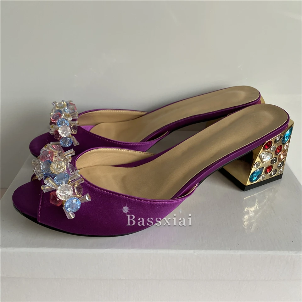 

Crystal Sequins Flower Decor Party Shoes Woman Colorful Diamond Square Heel Sexy Open Toe Luxury Satin Slingbacks Women Sandals