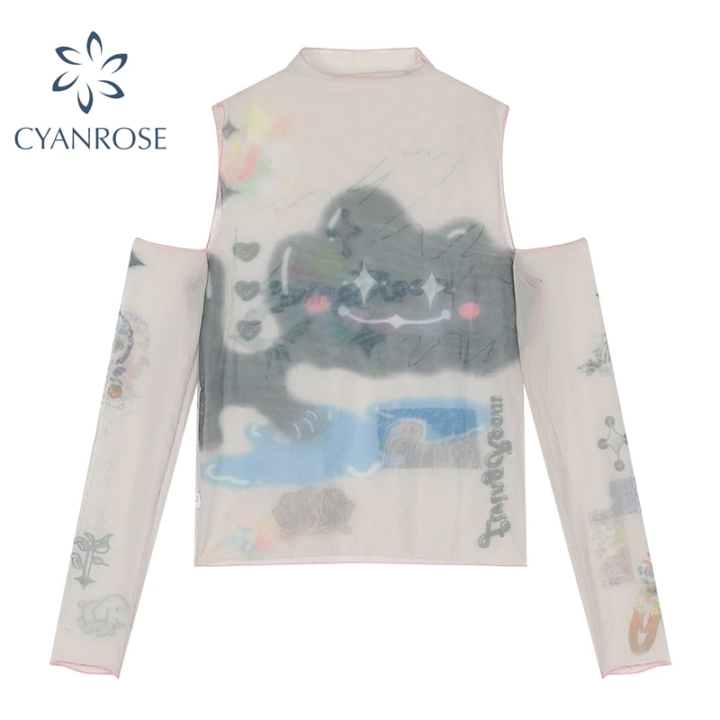 Футболка женская сетчатая с открытыми плечами и ручной росписью облегающая