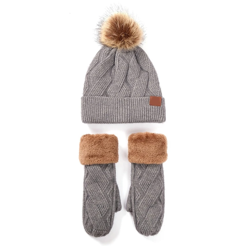 

2Pcs Women Winter Faux Fleece Lined Warm Cable Knit Pompom Beanie Hat Gloves Set