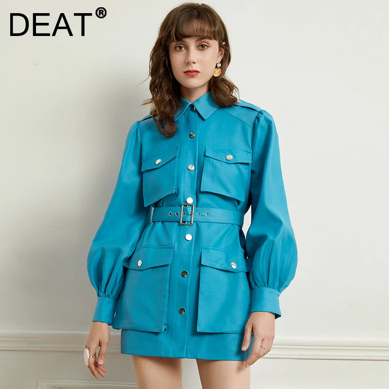 

Женское платье с длинным рукавом-фонариком DEAT, повседневное элегантное платье с большими карманами, платье голубого цвета с длинным рукаво...