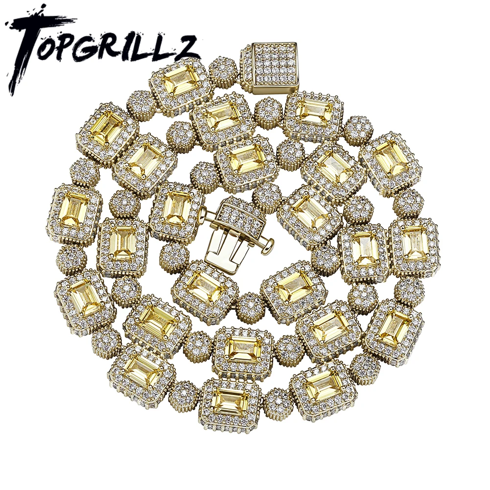 

TOPGRILLZ Iced Center Stone Baguette Tennis Necklace In Yellow Gold Micro Pave Cubic Zirconia Hip Hop Jewelry