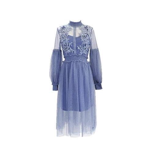 2019 New Women Fashion Dress Stand Collar Lantern Sleeve Mesh See-through Lace Embroidery Fairy Femme Vestidos Robe | Женская одежда