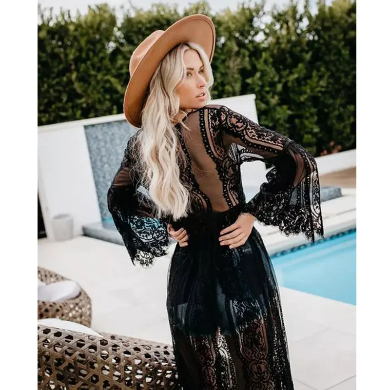 Женский пляжный кружевной бикини длинный прозрачный кардиган белый черный