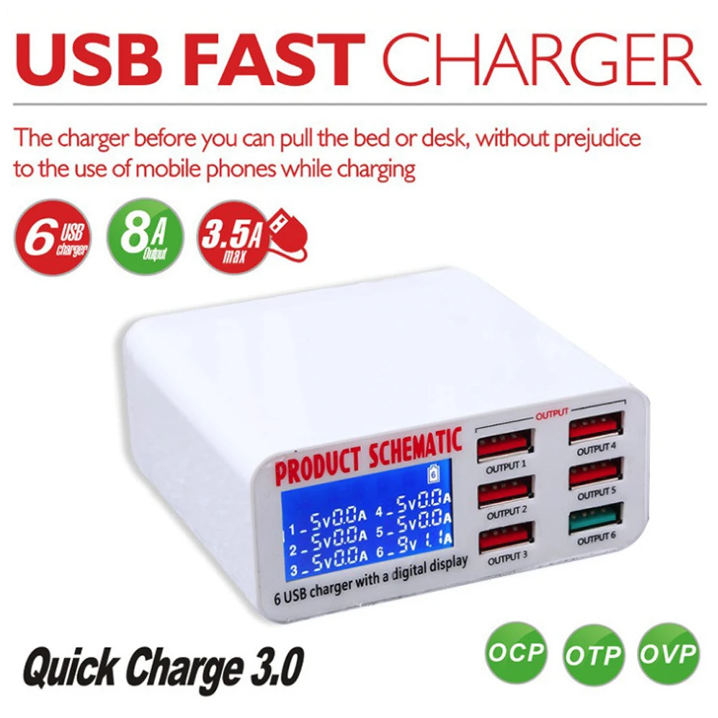 usb charge 3 0 6 port 6a usb charger adapter hub multi port usb hub with charger dock station with lcd display auto detect tech free global shipping
