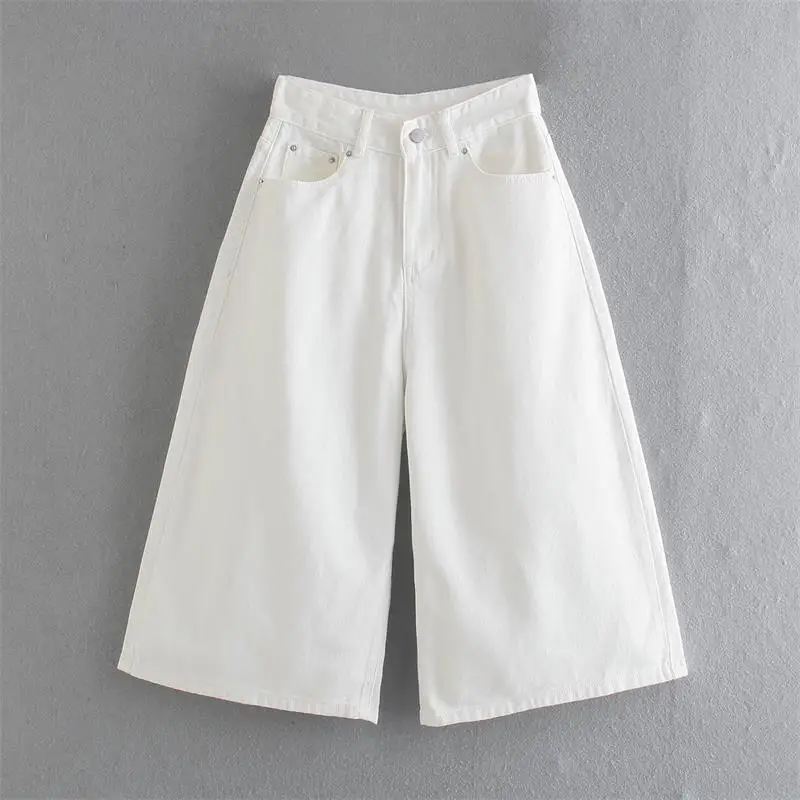 

ZA Summer Women Casual Denim 2021 Zipper Pants Hgh Waist Loose Cool Female Calf-Length Wide Leg Pants Two Colors