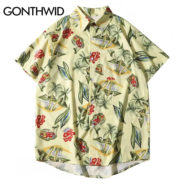 GONTHWID автомобили цветы ладони дерево Повседневное короткий рукав тропический