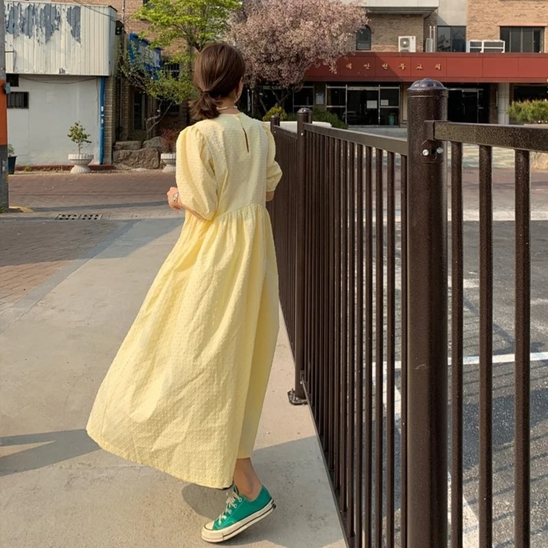 

Women Long Dress 2021 Summer Casual O-neck Puff-Sleeve Oversize Dots Elegant Female Dress Ladies Loose Vestidos Femme