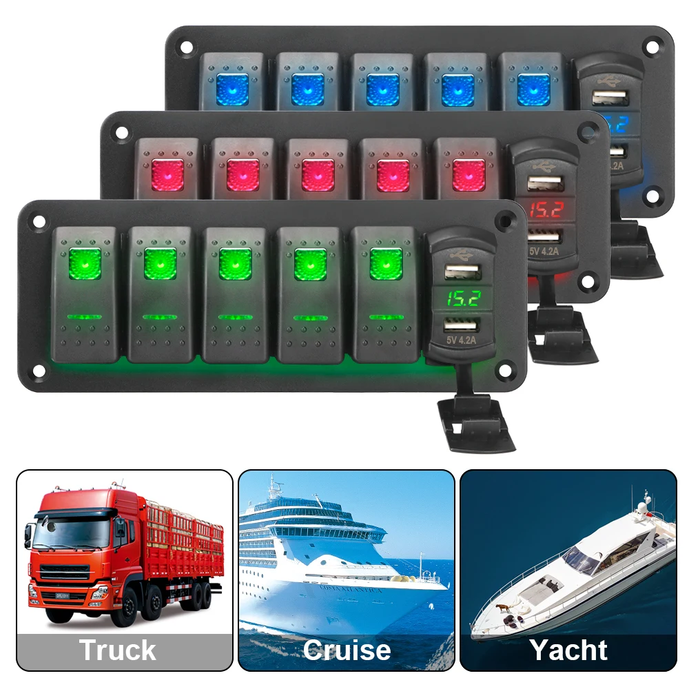 

Панель кулисного переключателя, 4,2 А, 5 секций, водонепроницаемая, два USB-порта, цифровой дисплей напряжения для морского автомобиля, грузови...