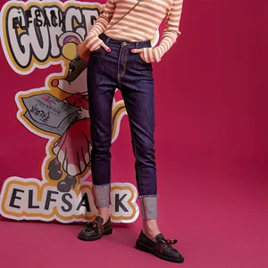 Женские прямые джинсы ELFSACK, синие однотонные минималистичные повседневные джинсы с карманами и отложным воротником, базовые штаны для ежедневной носки, зима 2019