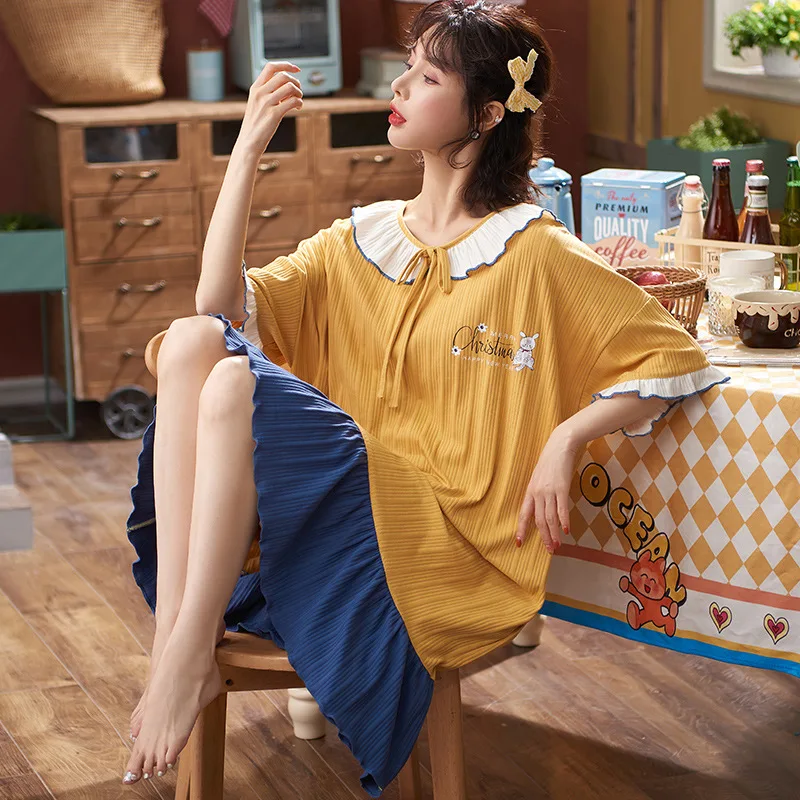 Ночная рубашка из 100% хлопка Женская домашняя одежда большого размера Милая