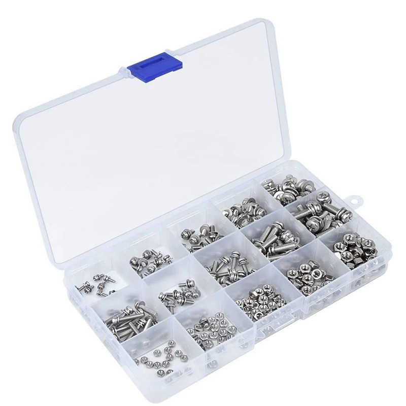 

300Pcs M2 M2.5 M3 M4 M5 Flat Cross Pan Head Screws and Hex Nuts Washer Assortment Kit for Machine Fastener