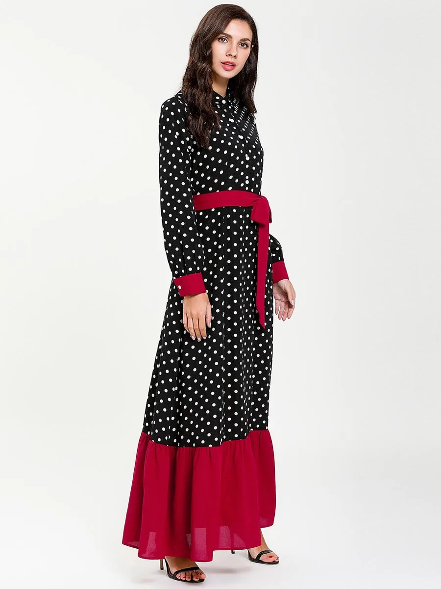 Абая турецкий осеннее платье модное простое черное в горошек со шнуровкой