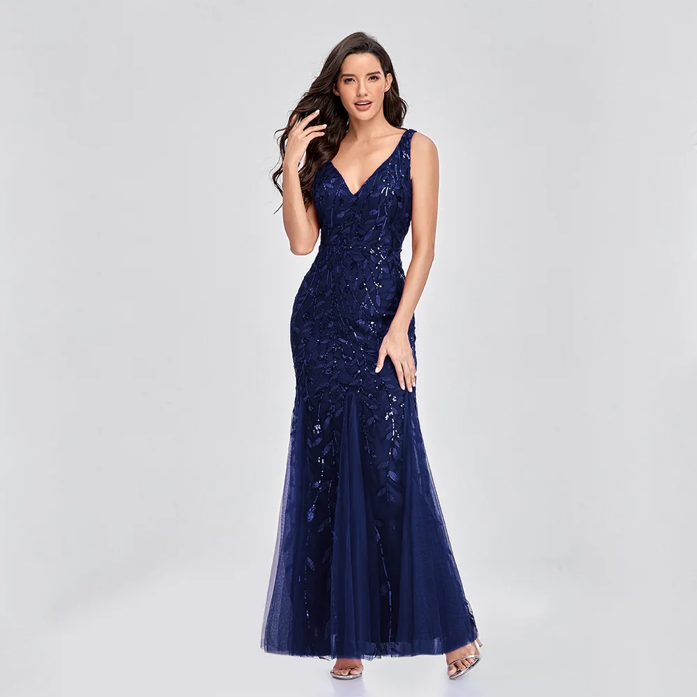 

Mermaid Trumpet Sparkle Sexy Prom Formal Evening Valentine's Day Dress V Neck Sleeveless Floor Length Tulle Sequined with 2021