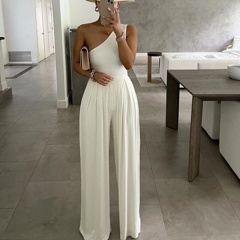 

One Shoulder Ruched Wide Leg Jumpsuit Women Casual Summer Asymmetric Casual Solid Color Jumpsuit PR Sale