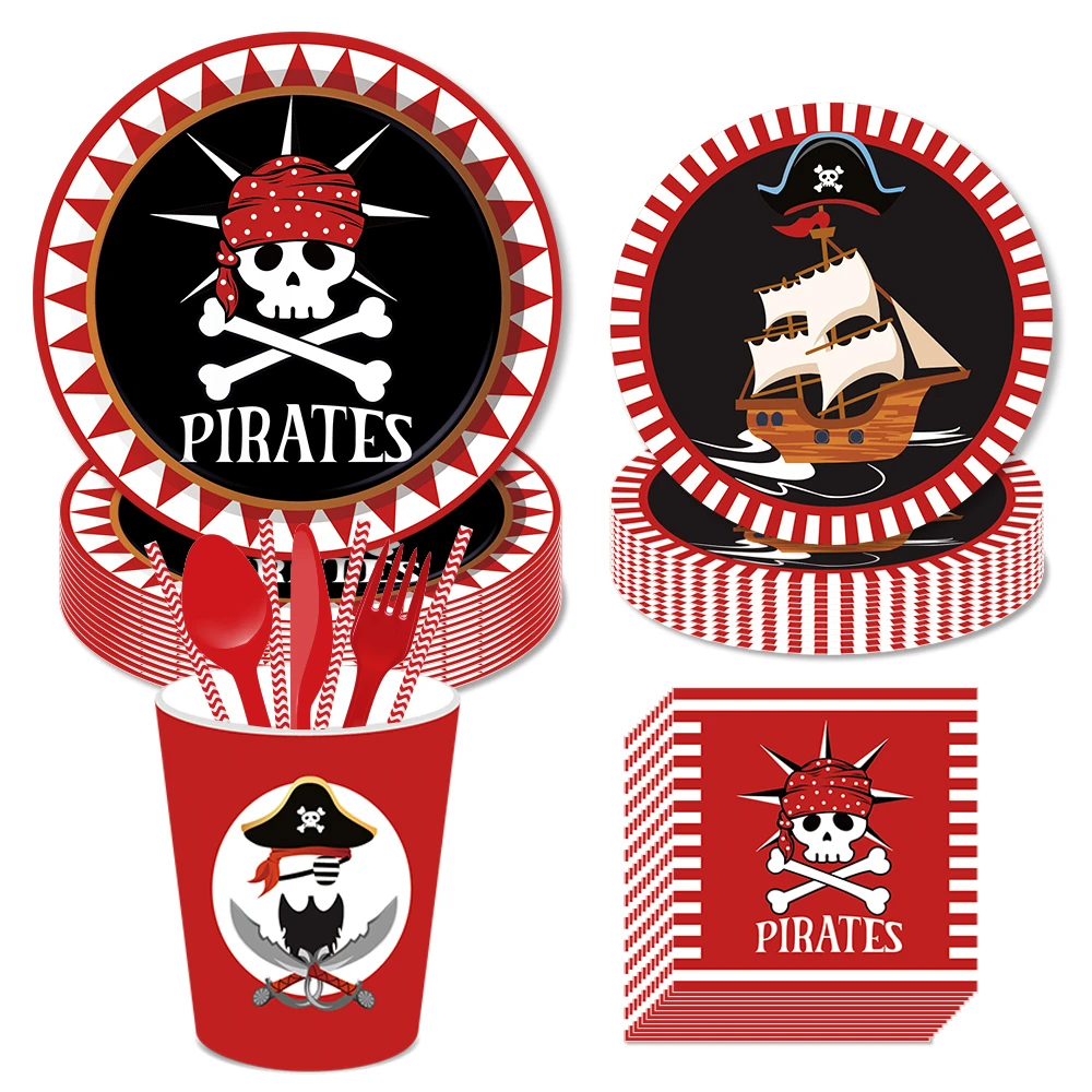

Happy Birthday Cartoon Pirate Dinner Plate Disposable Tableware Sets Kids Party Favors Pirate Theme Baby Shower Party Decoration