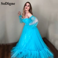 sodigne bule tulle prom dresses 2021 off the shoulder long sleeves formal dress tiered floor length evening dress