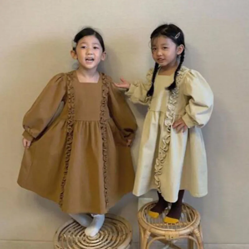 

Однотонные Детские платья для девочек 1-6 лет, демисезонное детское платье для девочек, кружевное ТРАПЕЦИЕВИДНОЕ ПЛАТЬЕ С Длинным Рукавом дл...