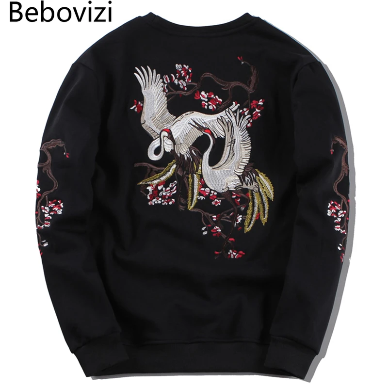 

Bebovizi Mens Streetwear Harajuku Chinese Style Crane Sakura Embroidery Hoodie Pullover Cotton Casual Japanese Hooded Hoodie 4XL