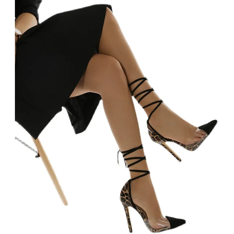 

2021 summer new side space leopard pattern thin heel belt sandals women's fashion sandals