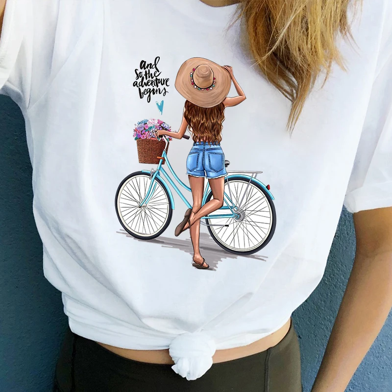 Футболка LUSLOS женская с принтом кавайной девушки милая белая рубашка велосипеда