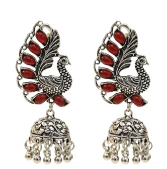 Индийские окисленные серебряные Висячие серьги для женщин Boho Jhumka резной цветок жемчуг бусина Эффектные серьги ювелирные изделия из турецкой турки - Окраска металла: Red
