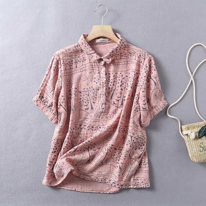 

Summer New Short Sleeve loose print shirt retro double cotton top female