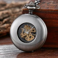 vintage bronze smooth skeleton mechanical pocket watch men steampuk hand wind pendant clock chain with arabic numerals for gift