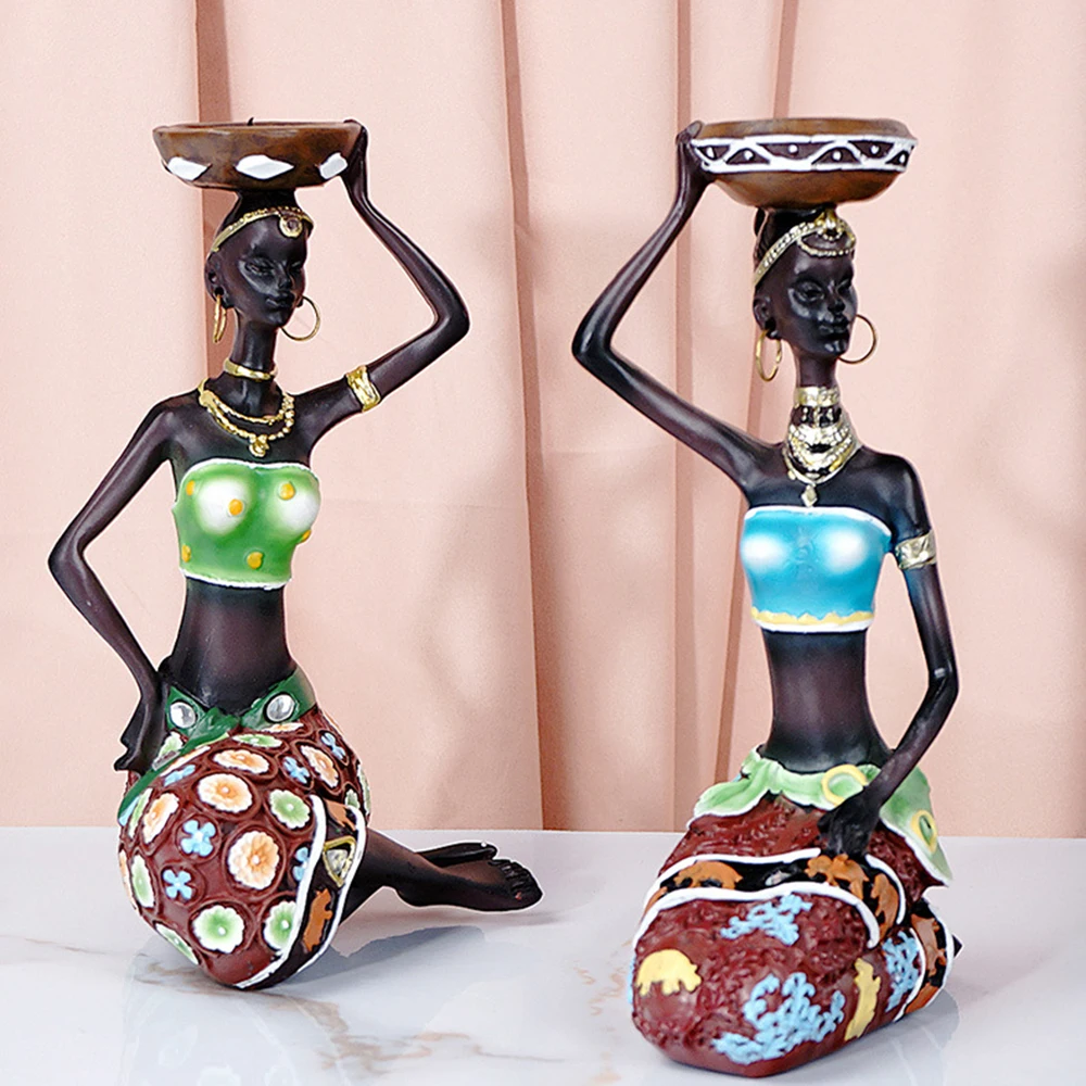 

2pcs/set Retro Style African Woman Candlestick Decoration Lady Figurines Candle Holder for Interior Sculptures Home Decor Gift
