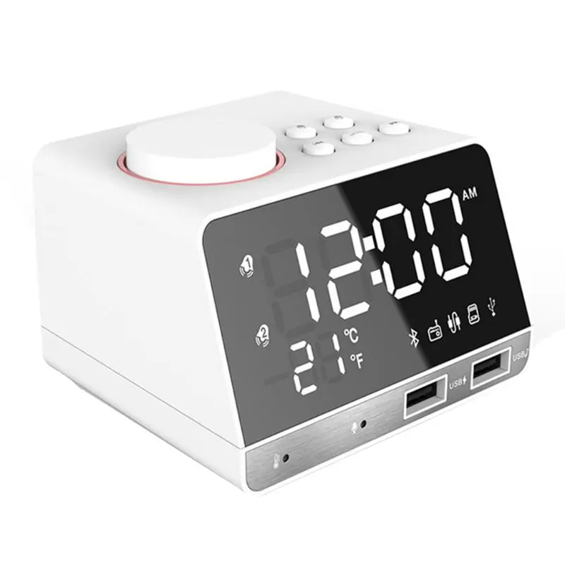 

Bluetooth 4.2 Radio Alarm Clock Speaker with Dual Snooze Clock USB Charging Port, AUX TF Card Play, Thermometer, LED Dimmable