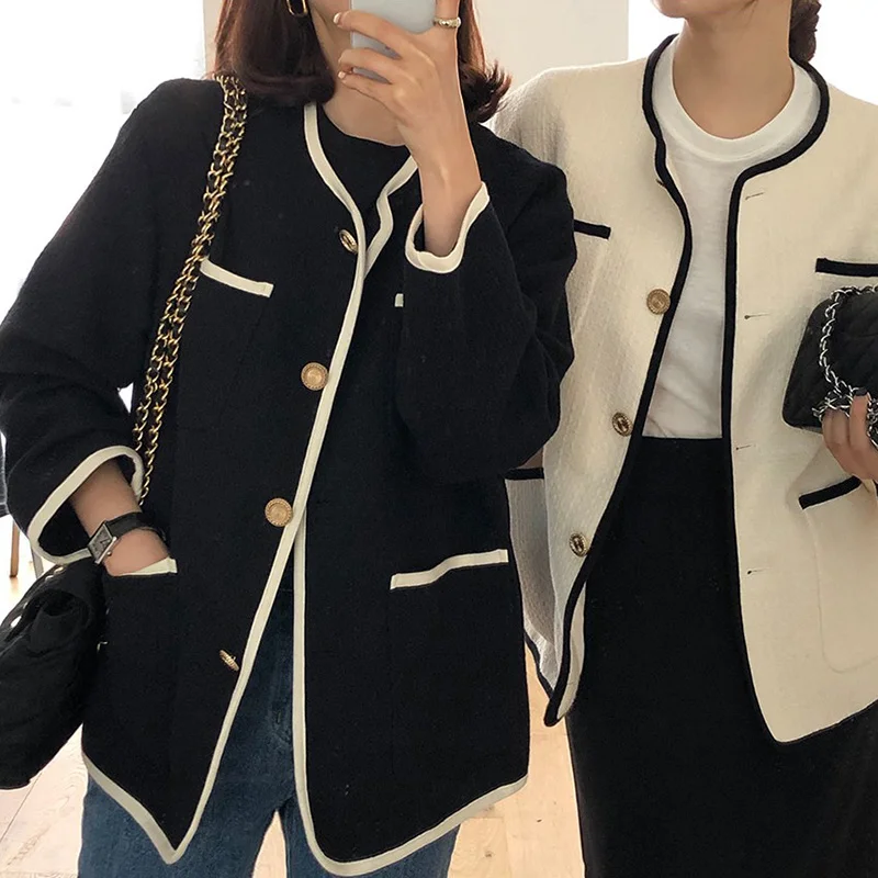 

2022 Autumn Winter Korean Style Vintage Tweed Jacket Women Long Sleeve Single Breasted Loose Minimalist Ladies Coats Elegant