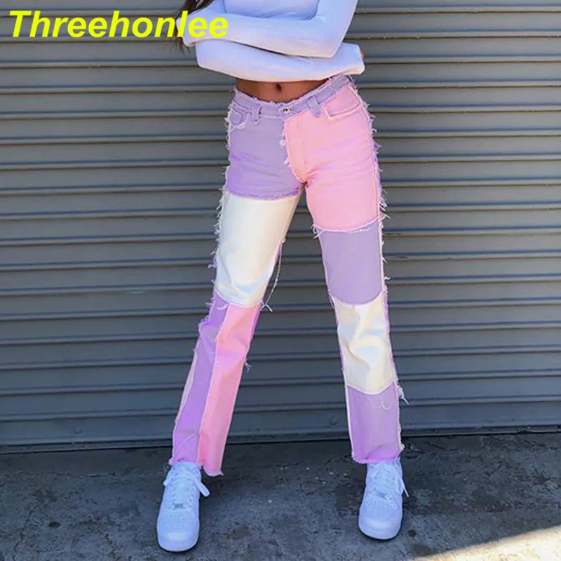 

Women Spring Brown Patchwork Jeans Fashion Tassel High Waist Straight Leg Jeans Female Casual Loose Denim Pants Vaqueros Mujer