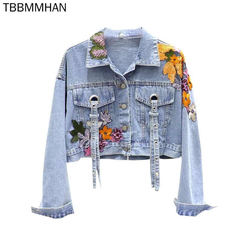

Luxury Designer Flower Embroidery Sequins Short Denim Jacket Women's 2021 Heavy Industry Personalized Jacket Women Coat Fashion
