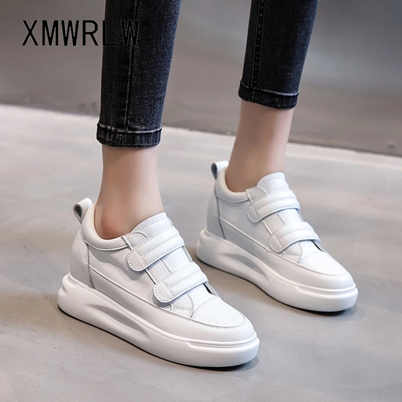 

XMWRLW Women's Chunky Sneakers Split Leather Casual Hook Loop Autumn Winter Shoes Women White Sneakers Warm Plush Winter Shoes