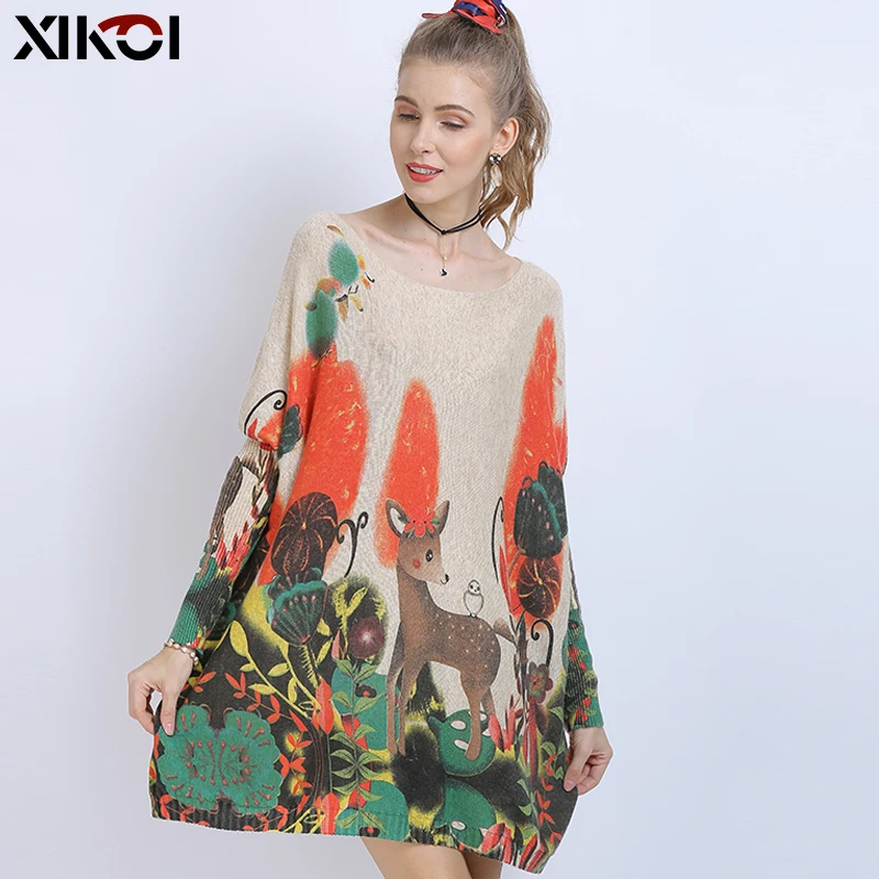 XIKOI Winter Oversized Sweaters For Women Warm Long Pullover Dresses Fashion Cute Deer Print Jumper Knitted Pull Femme | Женская одежда