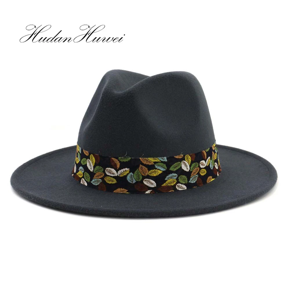 

2020 Hot Sell Autumn Winter British Style Woolen Jazz Fedora Hat Wide Brim Elegant Ladies Gentlemen Church Panama Hat Caps