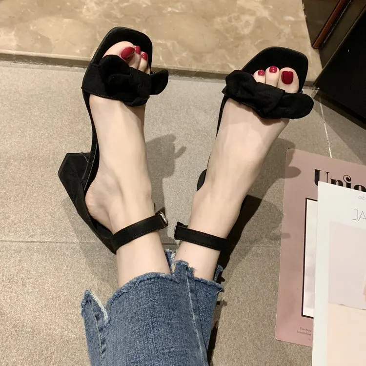 

2021 summer fashion all-match new thick heels women's shoes bow-style buckle sandals