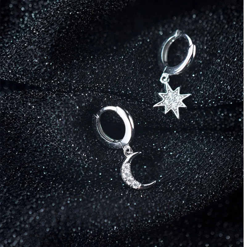 925 серебро Асимметричный подвеска Звезда Луна CZ обруч серьги кубического