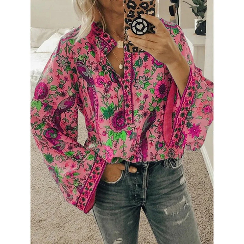 

Lipswag 2019 Boho Blouse Peacock Floral Print Long Sleeve Shirt Casual V-neck Women Tops Summer Autumn Chic Blouses Female 2XL