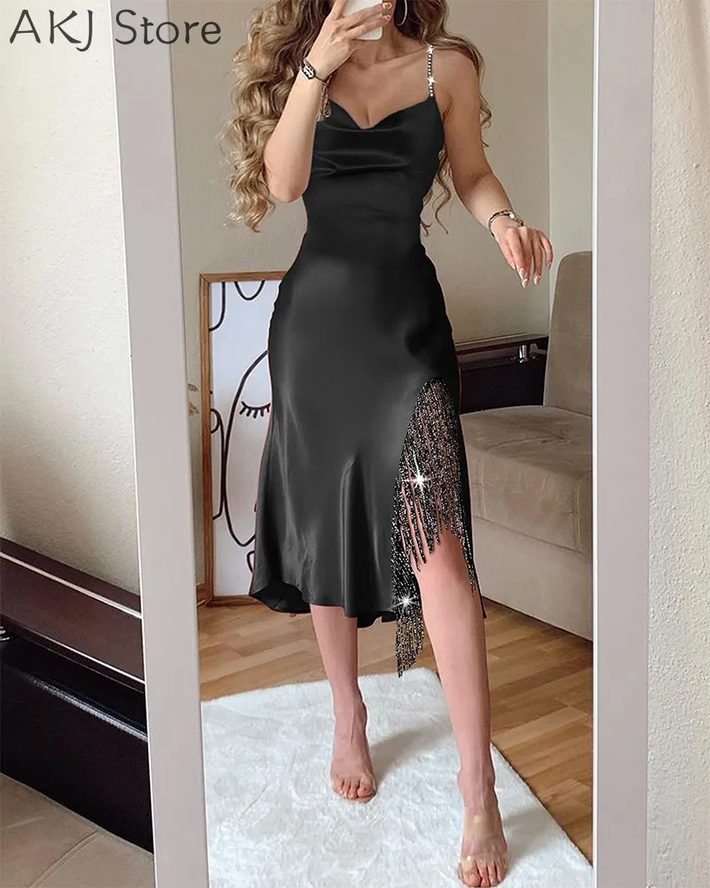 

Women Sexy Shining Tassel Slit Party Dress