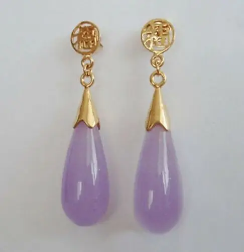 

Hot Purple Lavender Jade Yellow Gold Plated Fortune Stud Drop Earrings