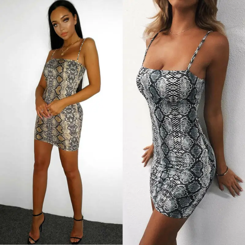 

Fashion Women Sleeveless Snakeskin Print Bodycon Sling Mini Dress Party Cocktail