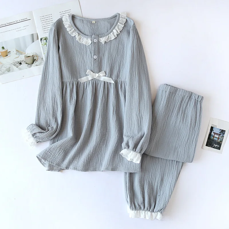 

Summer Thin Solid Color Crepe Doll Collar Pajamas for Women Long Sleeve Trousers Two Piece Set Loose Breathable Sweat Absorption